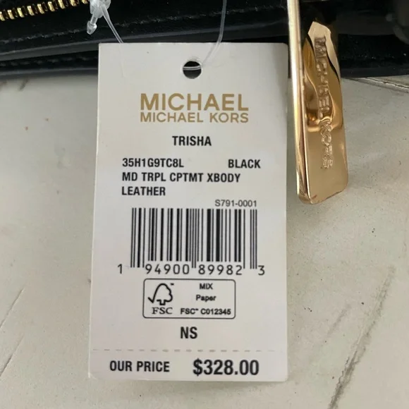 Nwt Michael Kors black gold leather Trisha medium crossbody 3 compartment zip - Picture 10 of 11